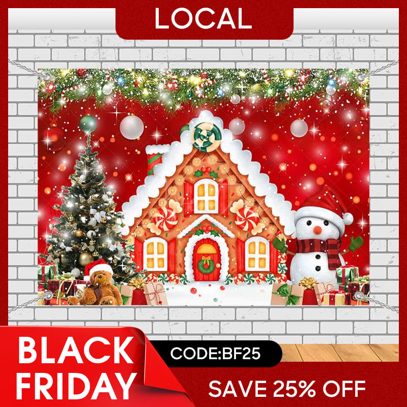 Aperturee - (7 Day Delivery) Aperturee Red Festive Christmas Gingerbread House Backdrop