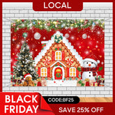 Aperturee - (7 Day Delivery) Aperturee Red Festive Christmas Gingerbread House Backdrop