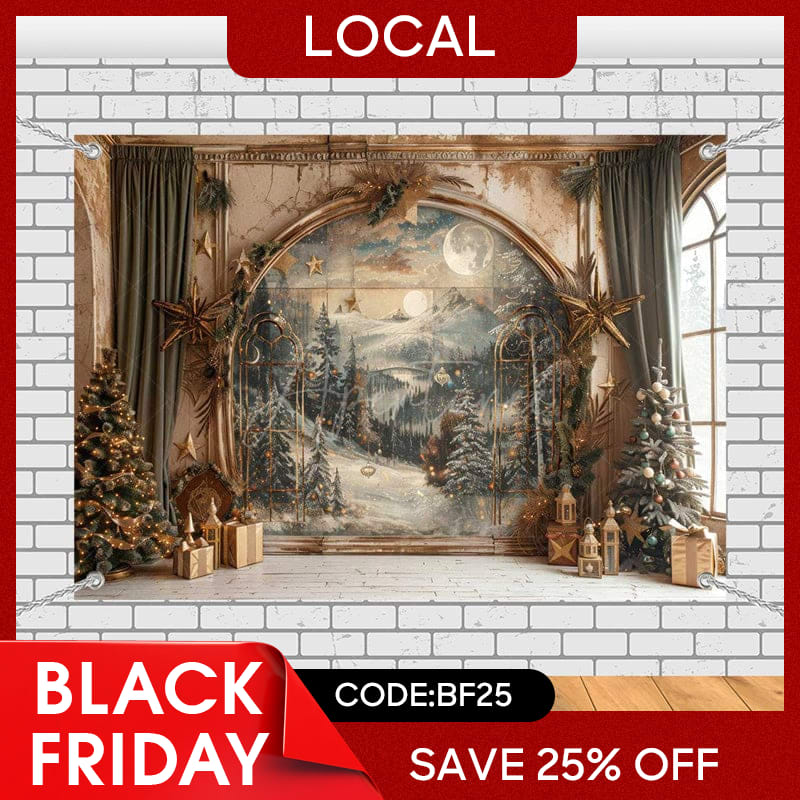 Aperturee - (7 Day Delivery) Aperturee Retro Snowy Forest Mural Wall Christmas Vibe Backdrop