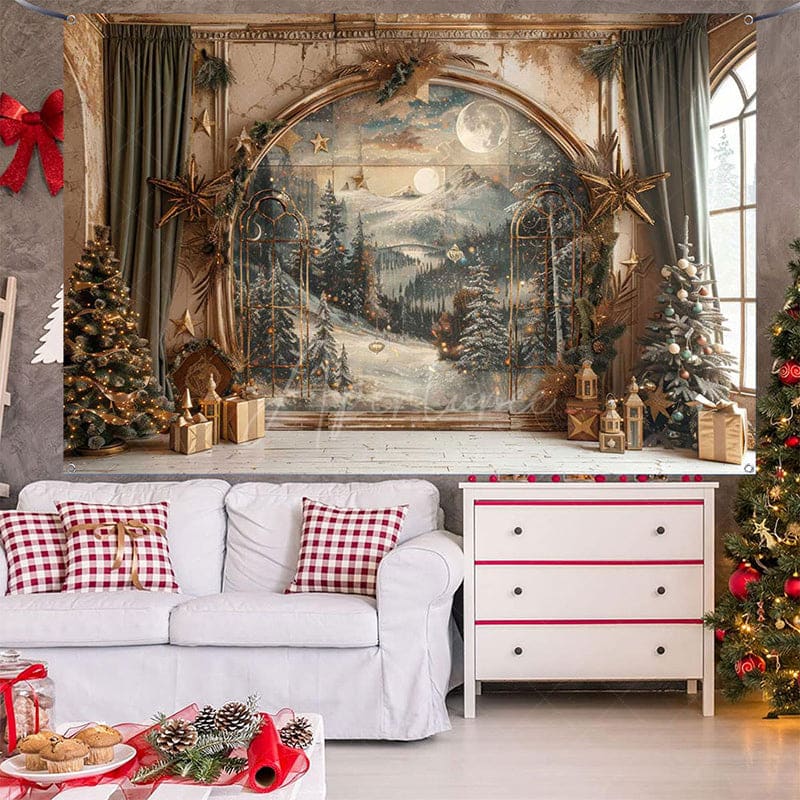 Aperturee - (7 Day Delivery) Aperturee Retro Snowy Forest Mural Wall Christmas Vibe Backdrop