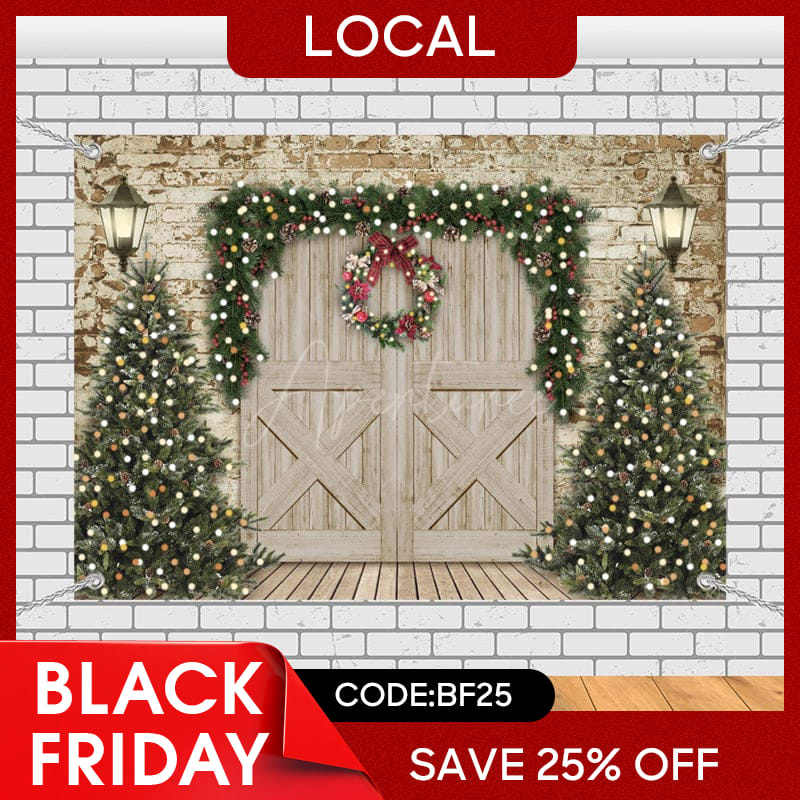 Aperturee - (7 Day Delivery) Aperturee Retro Wooden Beige Door Tree Christmas Vibe Backdrop