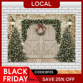 Aperturee - (7 Day Delivery) Aperturee Retro Wooden Beige Door Tree Christmas Vibe Backdrop