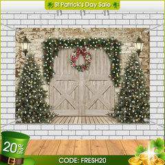 Aperturee - (7 Day Delivery) Aperturee Retro Wooden Beige Door Tree Christmas Vibe Backdrop