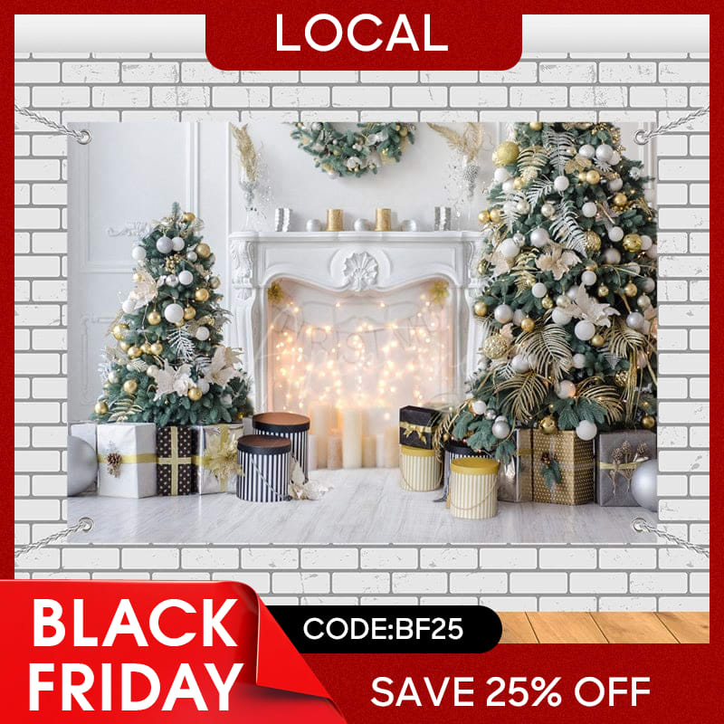 Aperturee - (7 Day Delivery) Aperturee White Indoor Scene Christmas Fireplace Tree Backdrop