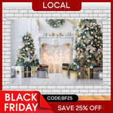 Aperturee - (7 Day Delivery) Aperturee White Indoor Scene Christmas Fireplace Tree Backdrop