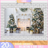 Aperturee - (7 Day Delivery) Aperturee White Indoor Scene Christmas Fireplace Tree Backdrop