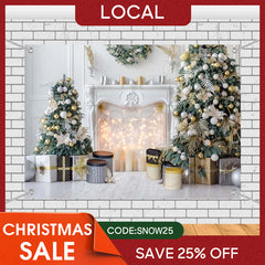 Aperturee - (7 Day Delivery) Aperturee White Indoor Scene Christmas Fireplace Tree Backdrop