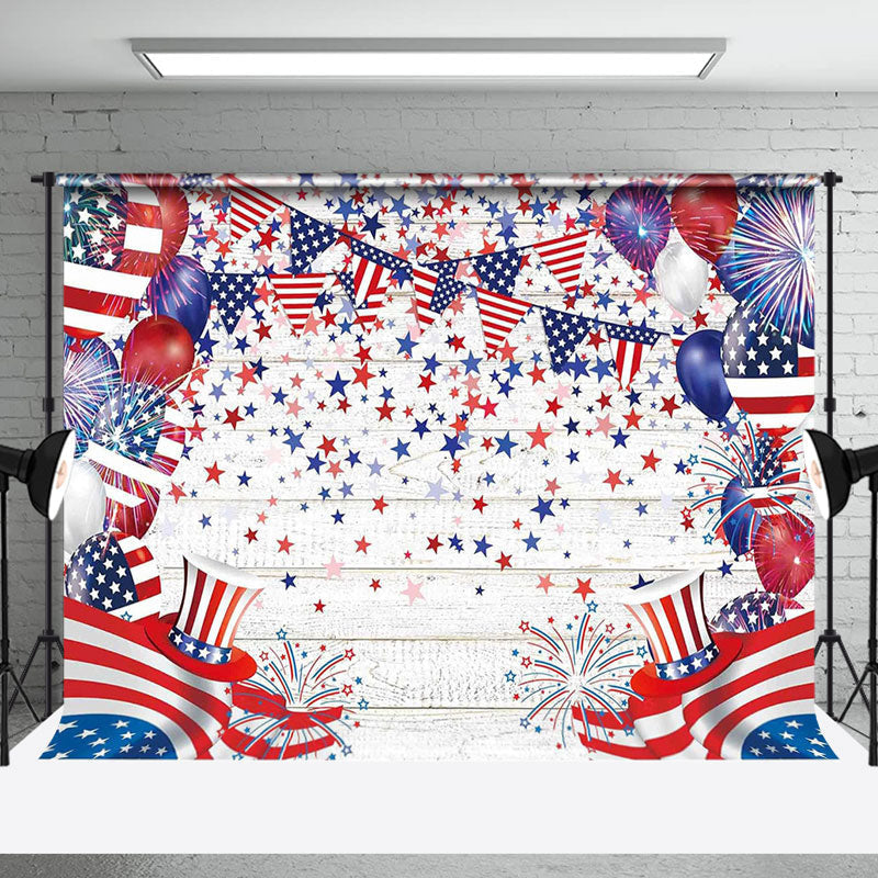 Aperturee - Usa Flag Balloons Hat Star Wooden Labor Day Backdrop