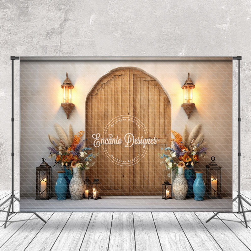 Aperturee - Vase Plant Lights Wood Door Boho Photo Backdrop
