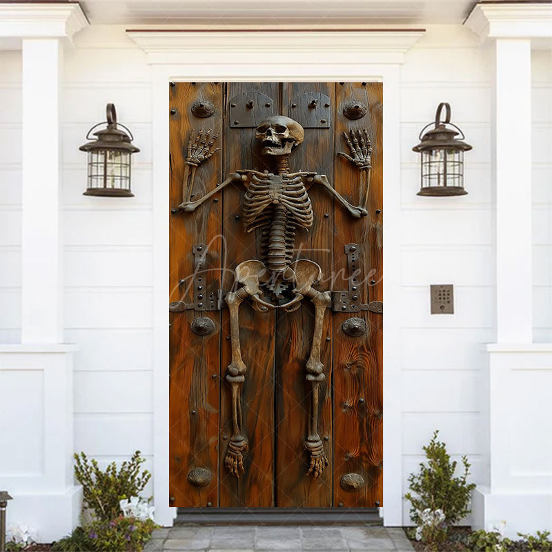 Aperturee - Vinatge Skeleton Wooden Wall Halloween Door Cover