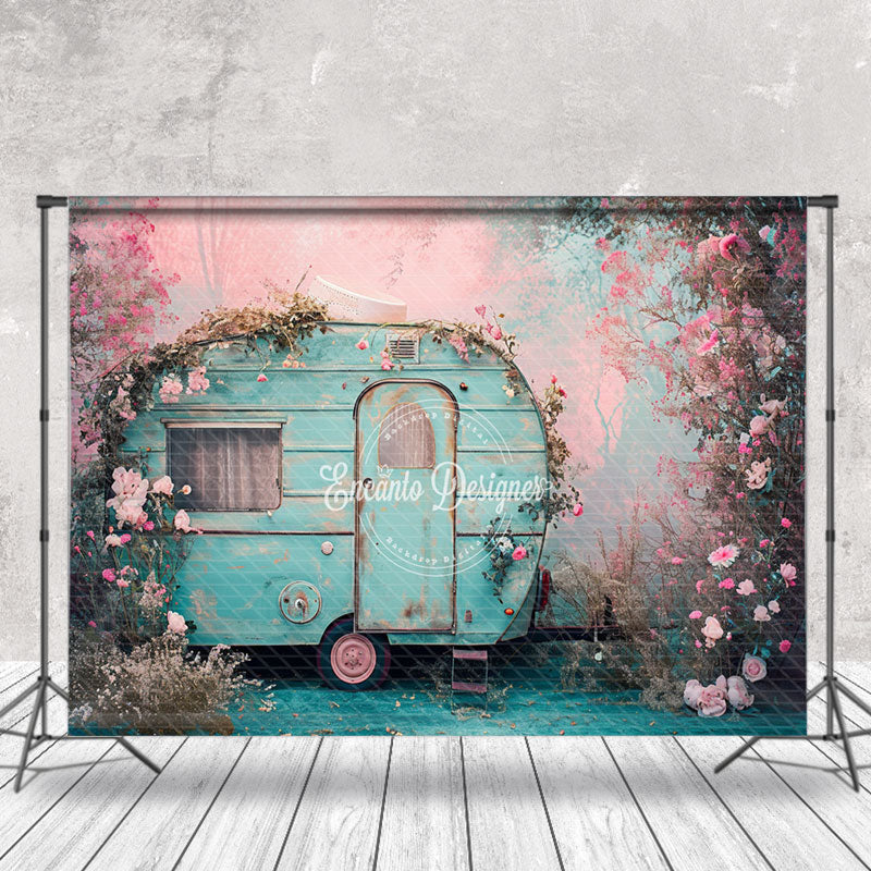 Aperturee - Vintage Blue RV Pink Flower Spring Photo Backdrop