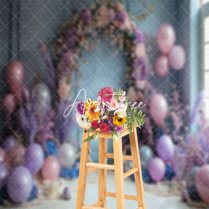 Aperturee - Vintage Blue Wall Purple Floral Balloon Backdrop