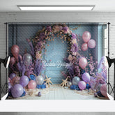 Aperturee - Vintage Blue Wall Purple Floral Balloon Backdrop