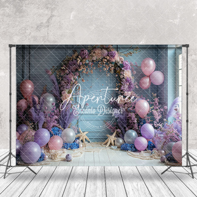 Aperturee - Vintage Blue Wall Purple Floral Balloon Backdrop