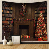 Aperturee - Vintage Bookshelf Deer Wreath Christmas Backdrop