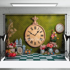 Aperturee - Vintage Clock Floral Grass Spring Photo Backdrop