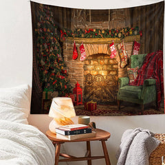 Aperturee - Vintage Fireplace Green Sofa Christmas Backdrop