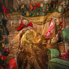 Aperturee - Vintage Fireplace Green Sofa Christmas Backdrop