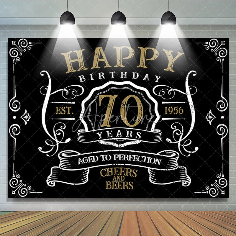 Aperturee - Vintage Gold Black Perfection 70th Birthday Backdrop