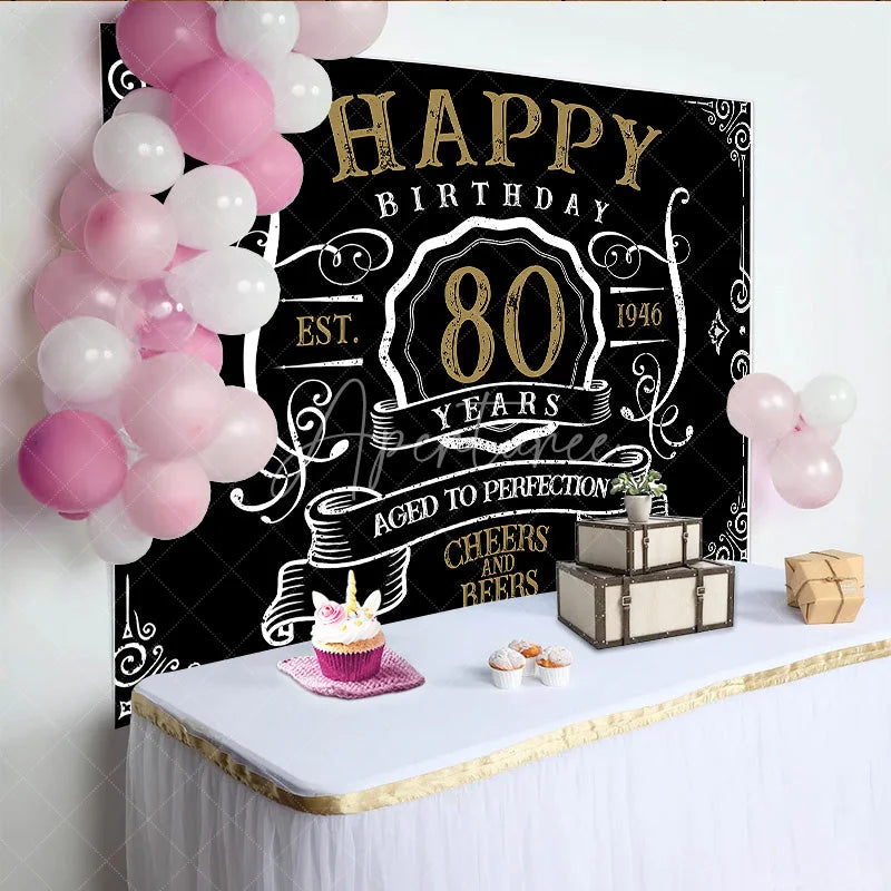Aperturee - Vintage Gold Black Perfection 80th Birthday Backdrop
