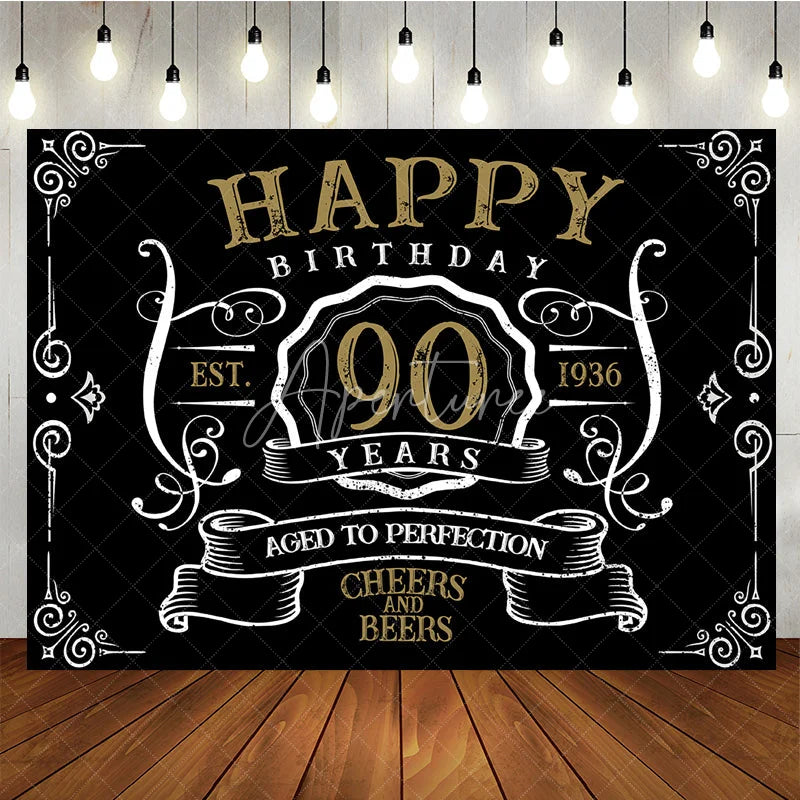 Aperturee - Vintage Gold Black Perfection 90th Birthday Backdrop