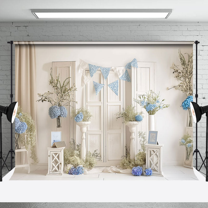 Aperturee - Vintage White Room Blue Floral Cake Smash Backdrop
