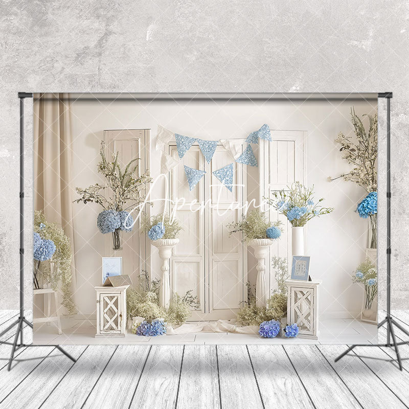 Aperturee - Vintage White Room Blue Floral Cake Smash Backdrop