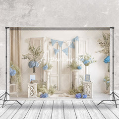 Aperturee - Vintage White Room Blue Floral Cake Smash Backdrop