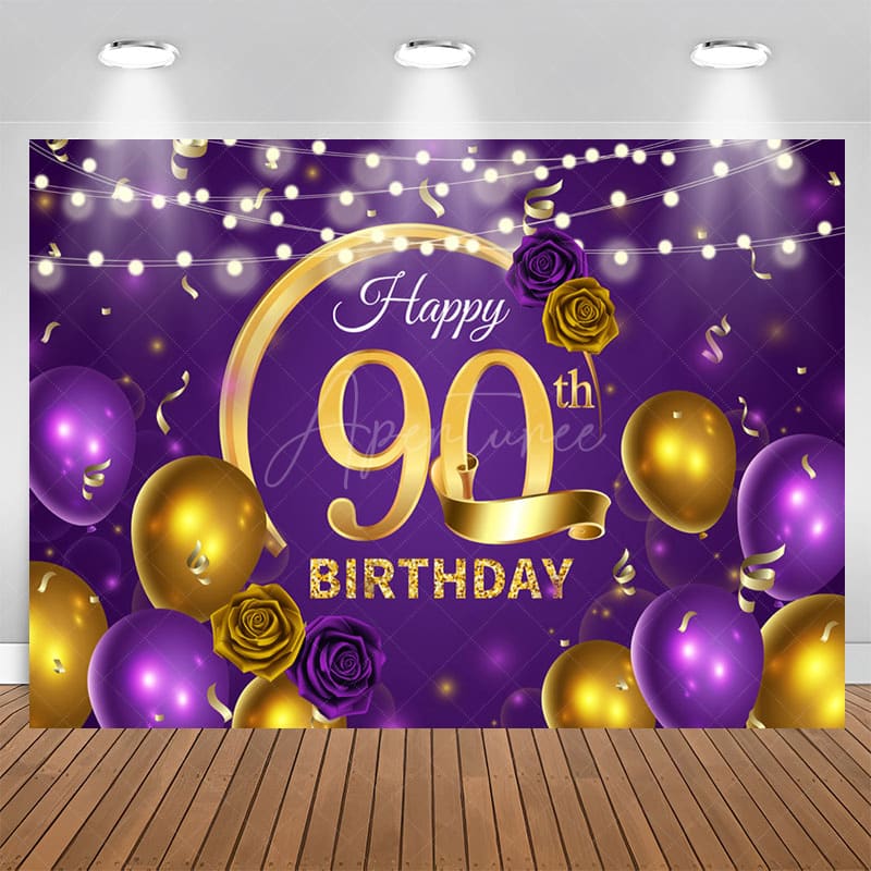 Aperturee - Violet Balloon Floral Happy 90Th Birthday Backdrop