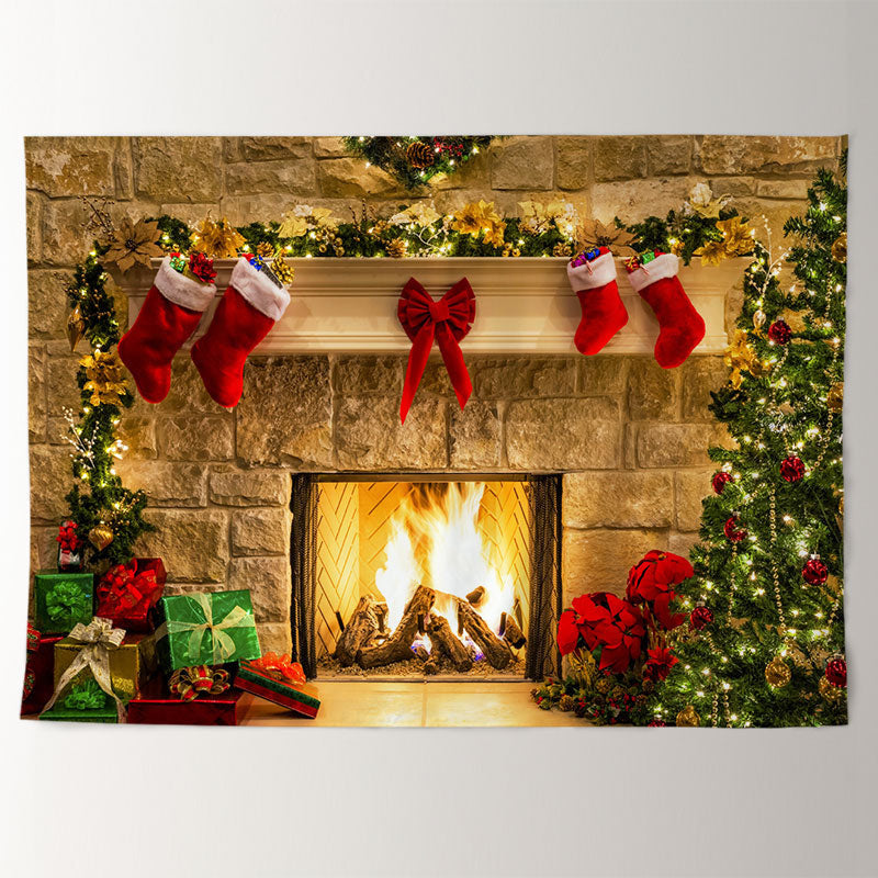 Aperturee - Warm Fireplace Brick Red Bow Christmas Backdrop