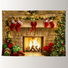 Aperturee - Warm Fireplace Brick Red Bow Christmas Backdrop