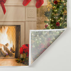 Aperturee - Warm White Fireplace Red Bow Christmas Backdrop