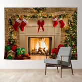 Aperturee - Warm White Fireplace Red Bow Christmas Backdrop