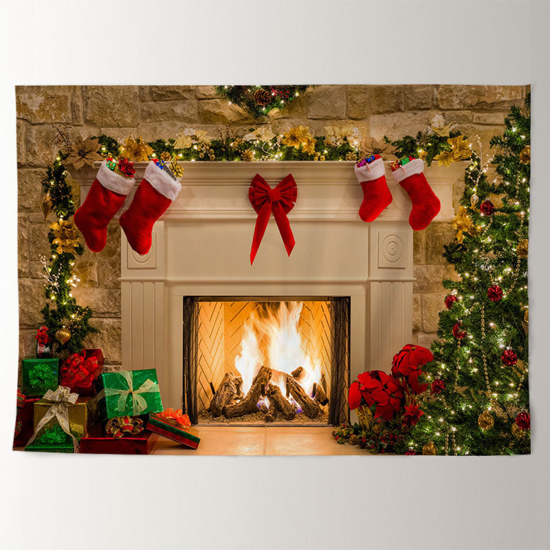 Aperturee - Warm White Fireplace Red Bow Christmas Backdrop