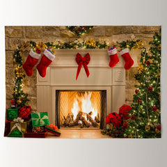 Aperturee - Warm White Fireplace Red Bow Christmas Backdrop