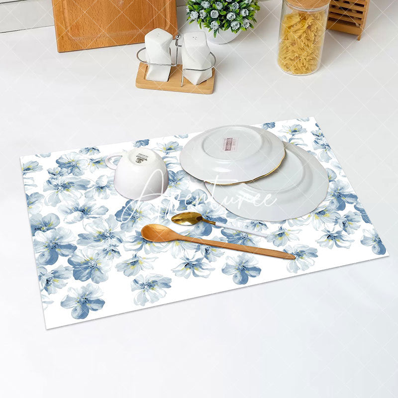 Aperturee - Watercolor Blue White Flowers Set Of 4 Placemats
