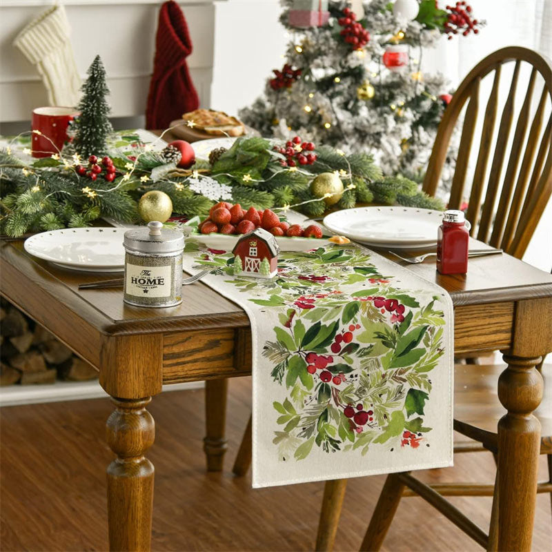 Aperturee - Watercolor Green Leaves Cherry Christmas Table Runner