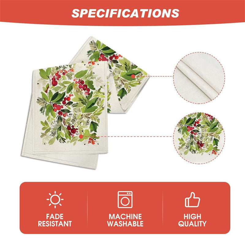 Aperturee - Watercolor Green Leaves Cherry Christmas Table Runner