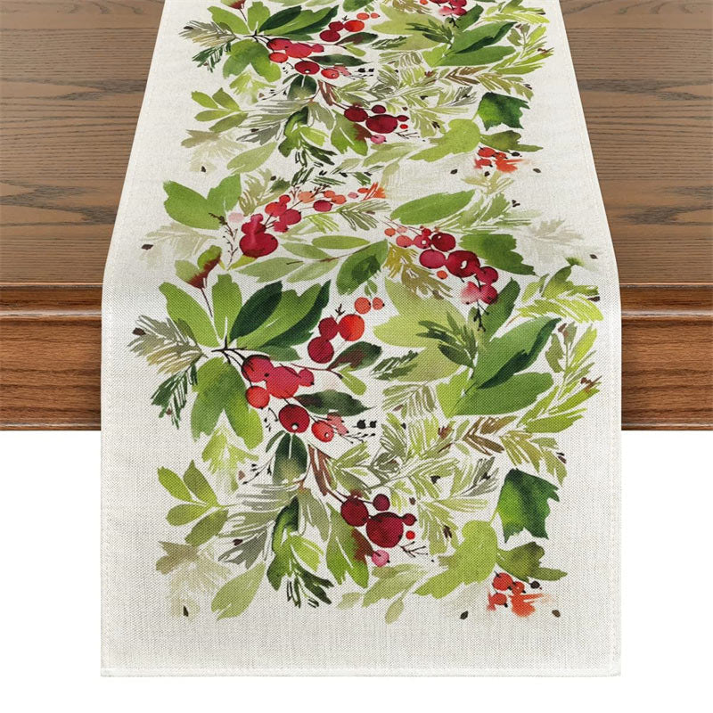 Aperturee - Watercolor Green Leaves Cherry Christmas Table Runner