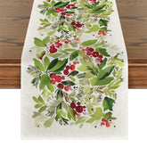 Aperturee - Watercolor Green Leaves Cherry Christmas Table Runner