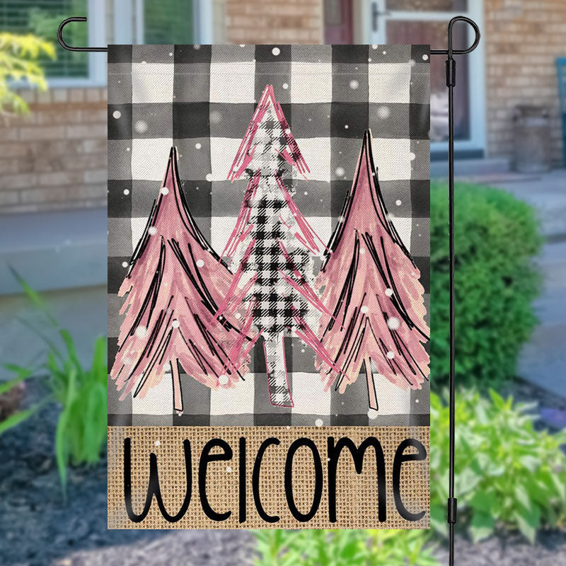Aperturee - Welcome Pine Trees Checkered Christmas Garden Flag
