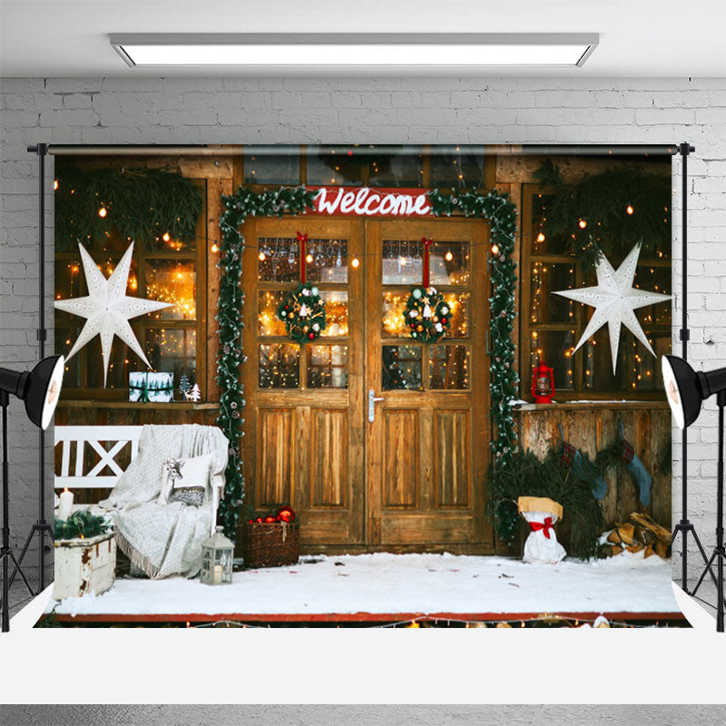 Aperturee - Welcome Wooden Door Store Snowy Christmas Backdrop
