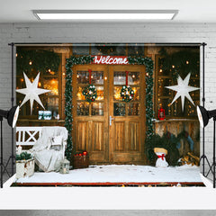 Aperturee - Welcome Wooden Door Store Snowy Christmas Backdrop