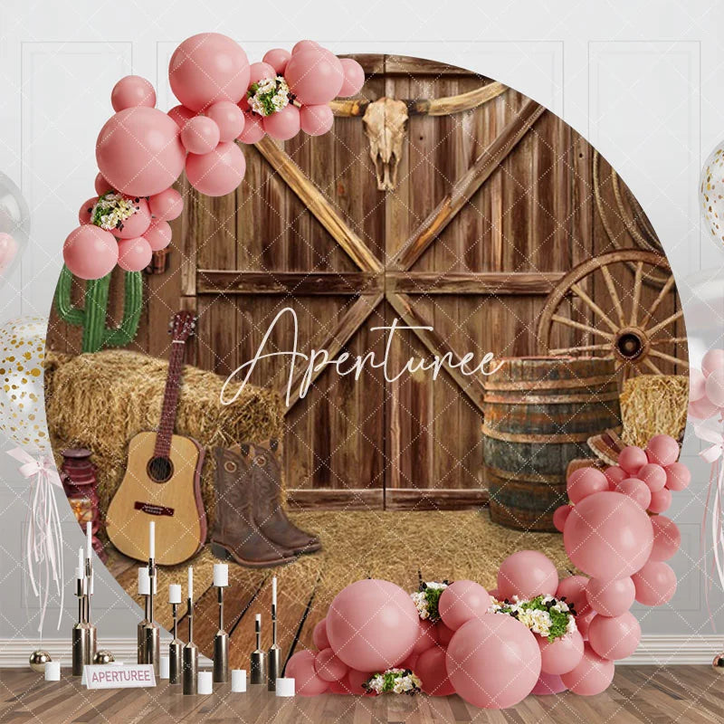Aperturee - Western Cowboy Wooden Barn Round Birthday Backdrop