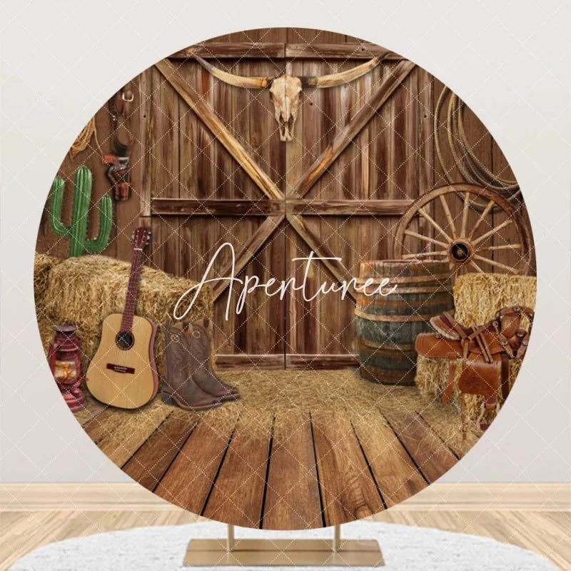Aperturee - Western Cowboy Wooden Barn Round Birthday Backdrop