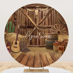 Aperturee - Western Cowboy Wooden Barn Round Birthday Backdrop