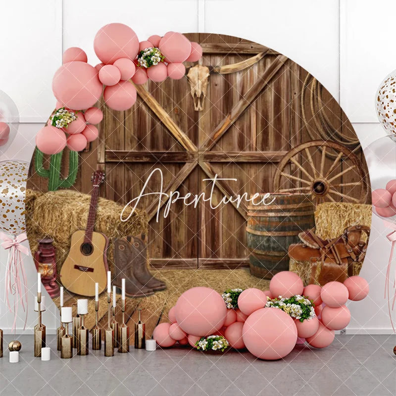 Aperturee - Western Cowboy Wooden Barn Round Birthday Backdrop