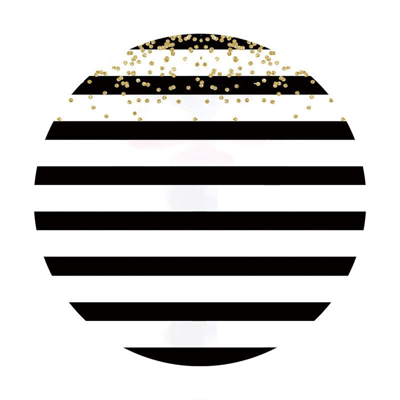 Aperturee - White And Black Stripes Glitter Round Birthday Backdrop