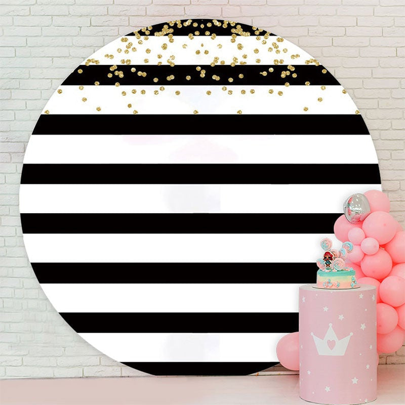 Aperturee - White And Black Stripes Glitter Round Birthday Backdrop