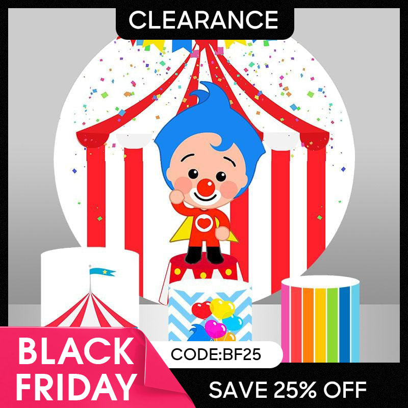 Aperturee - (Ship In 24HR) White And Red Circus Themed Circle Birthday Backdrop